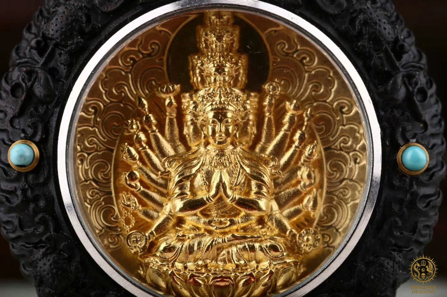 Amulette Bouddhiste -Bodhisattva Chenrezig - Ébène Or & Turquoise | obsidian dragons