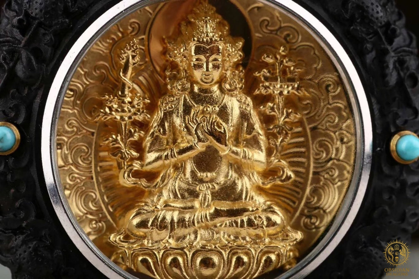 Amulette Bouddhiste - Bodhisattva manjushri - Ébène Or & Turquoise | obsidian dragons