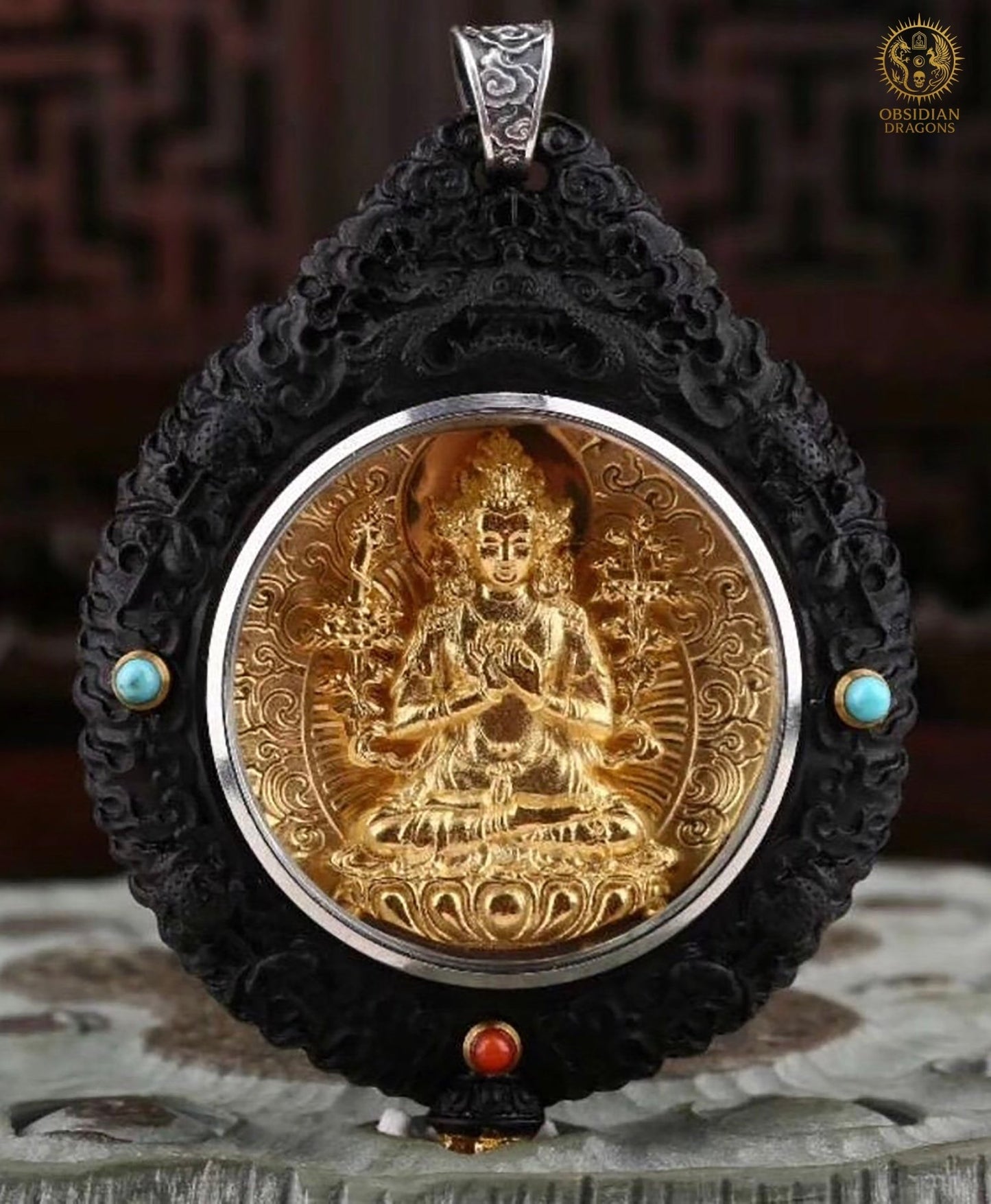 Amulette Bouddhiste - Bodhisattva manjushri - Ébène Or & Turquoise | obsidian dragons