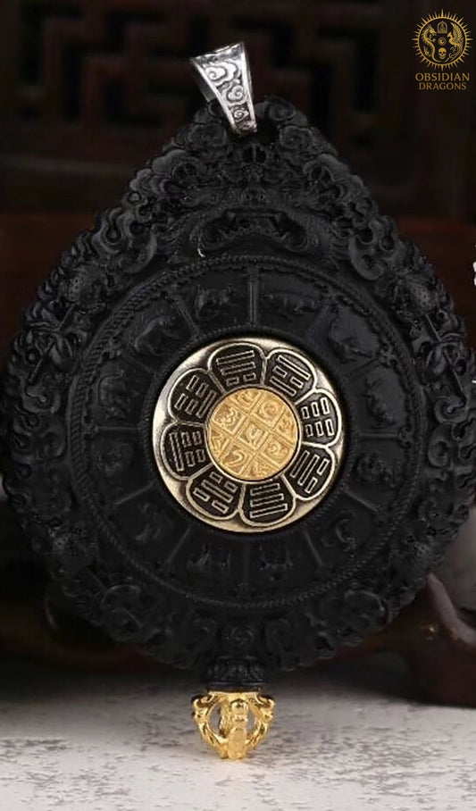 Amulette Bouddhiste - Bodhisattva manjushri - Ébène Or & Turquoise | obsidian dragons