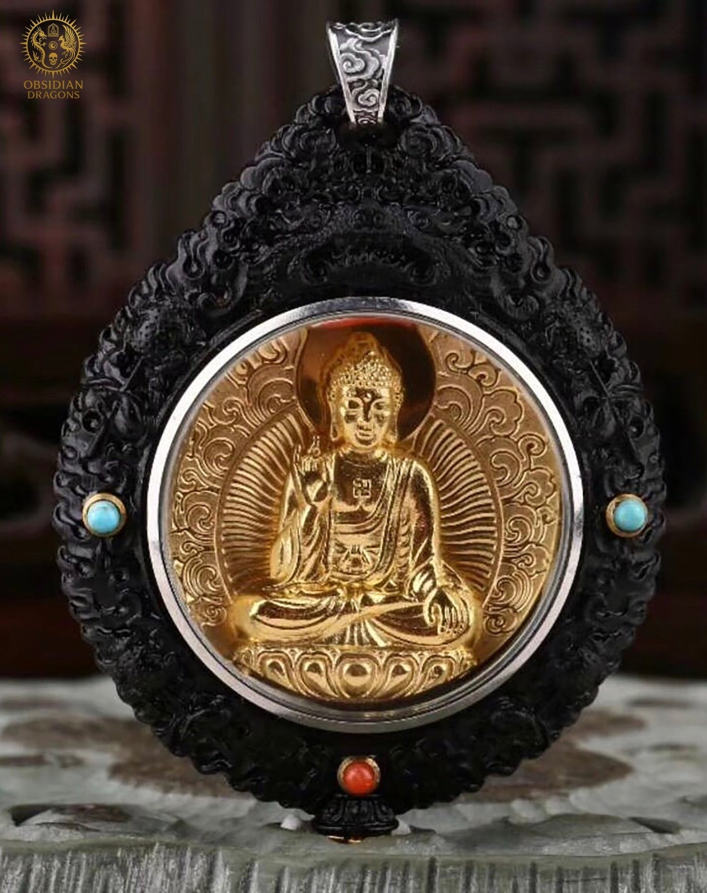 Amulette Bouddhiste - Bouddha Amitabha – Ébène, Or & Turquoise | obsidian dragons