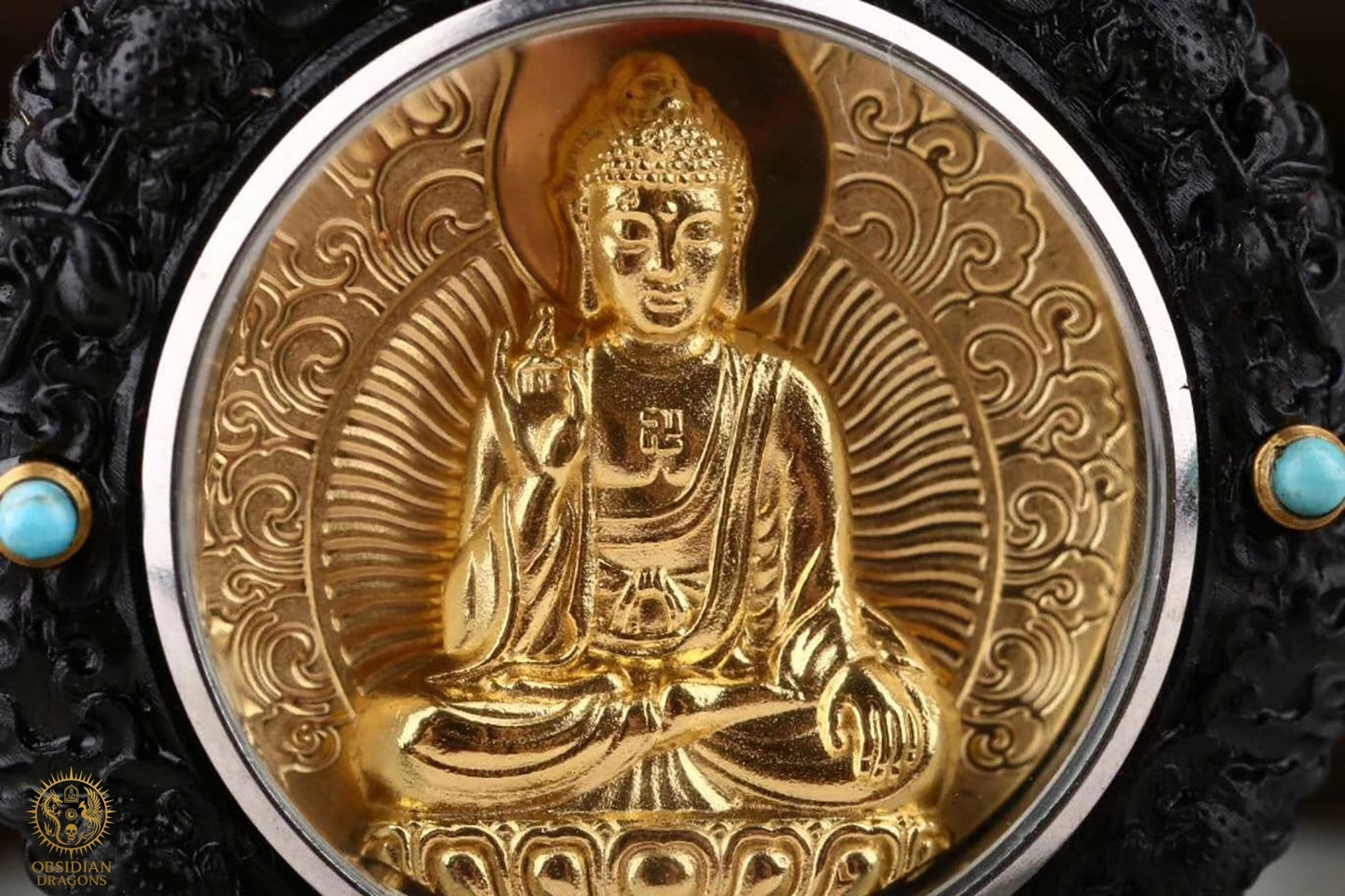 Amulette Bouddhiste - Bouddha Amitabha – Ébène, Or & Turquoise | obsidian dragons