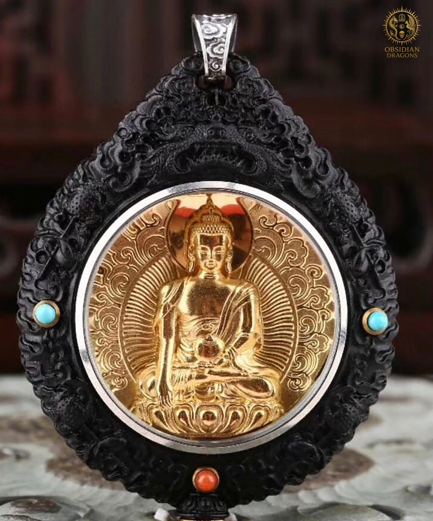 Amulette Bouddhiste – Bouddha Médecine – Ébène, Or & Turquoise | obsidian dragons