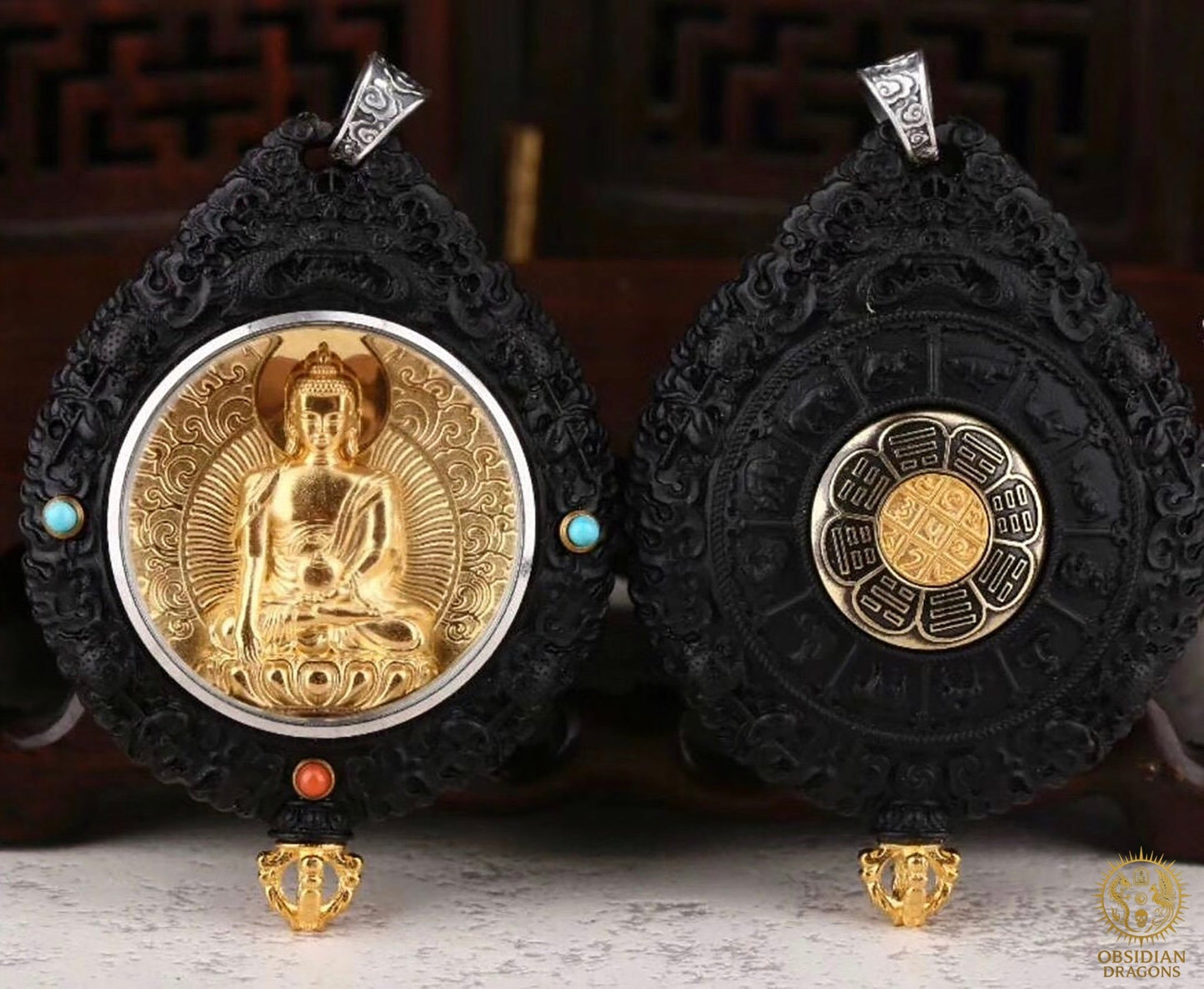 Amulette Bouddhiste – Bouddha Médecine – Ébène, Or & Turquoise | obsidian dragons