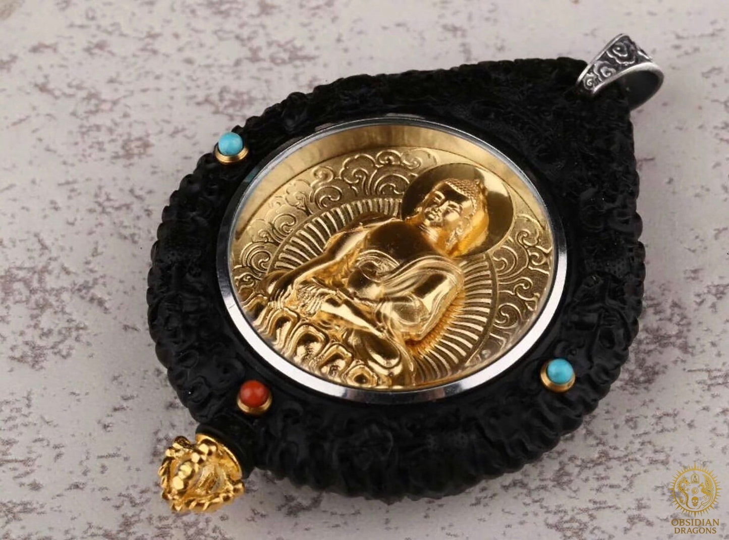 Amulette Bouddhiste – Bouddha Médecine – Ébène, Or & Turquoise | obsidian dragons