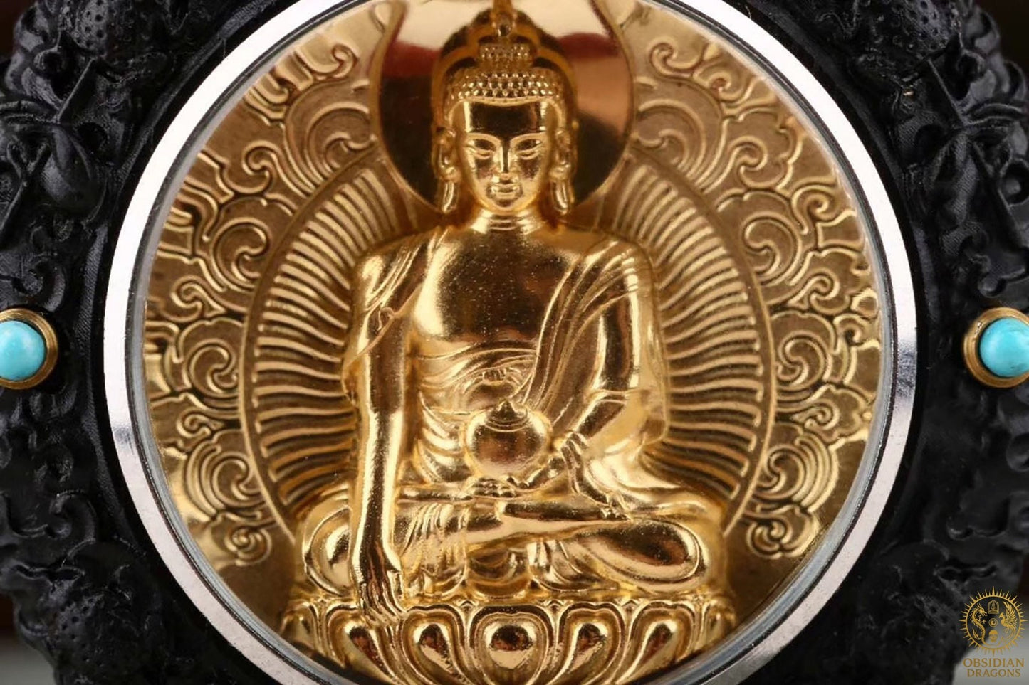 Amulette Bouddhiste – Bouddha Médecine – Ébène, Or & Turquoise | obsidian dragons