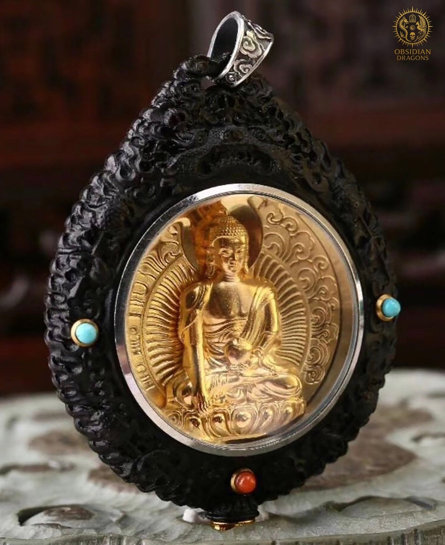 Amulette Bouddhiste – Bouddha Médecine – Ébène, Or & Turquoise | obsidian dragons