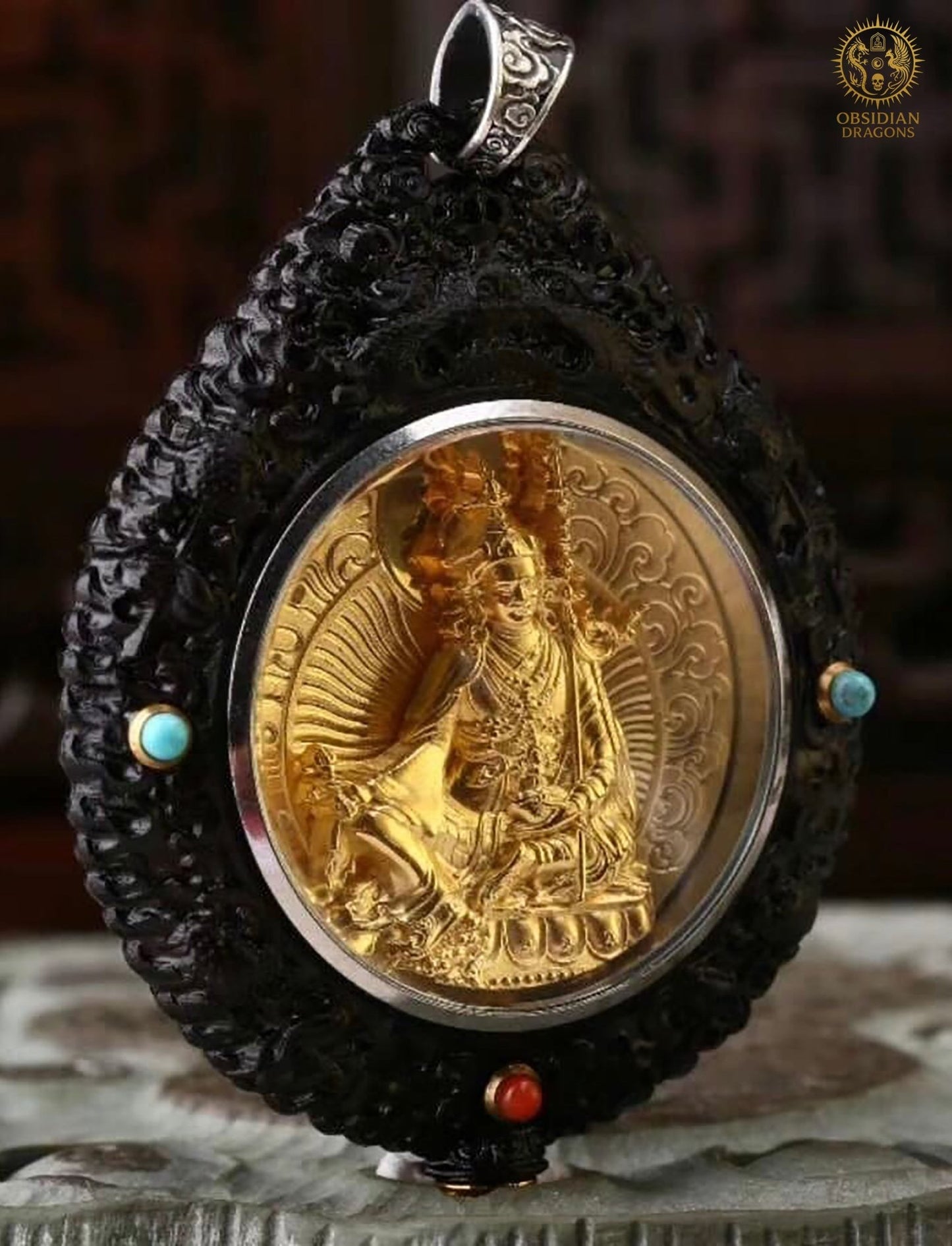 Amulette Bouddhiste -Guru Rinpoche - Ébène Or & Turquoise | obsidian dragons