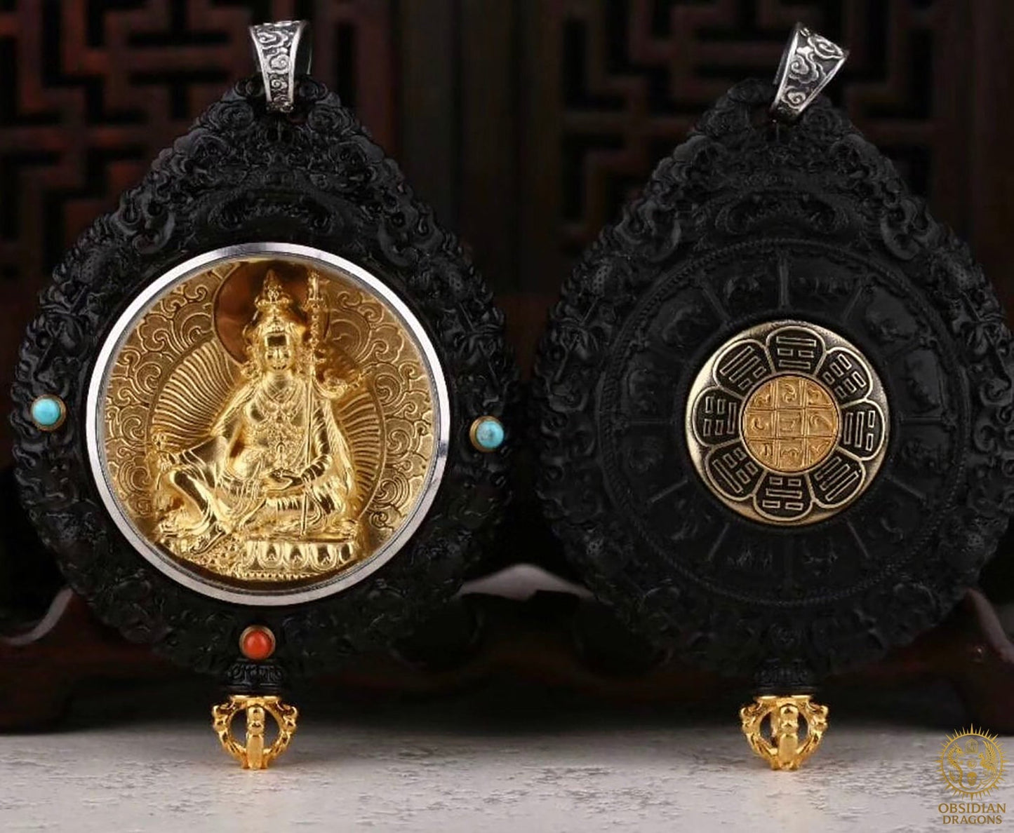 Amulette Bouddhiste -Guru Rinpoche - Ébène Or & Turquoise | obsidian dragons