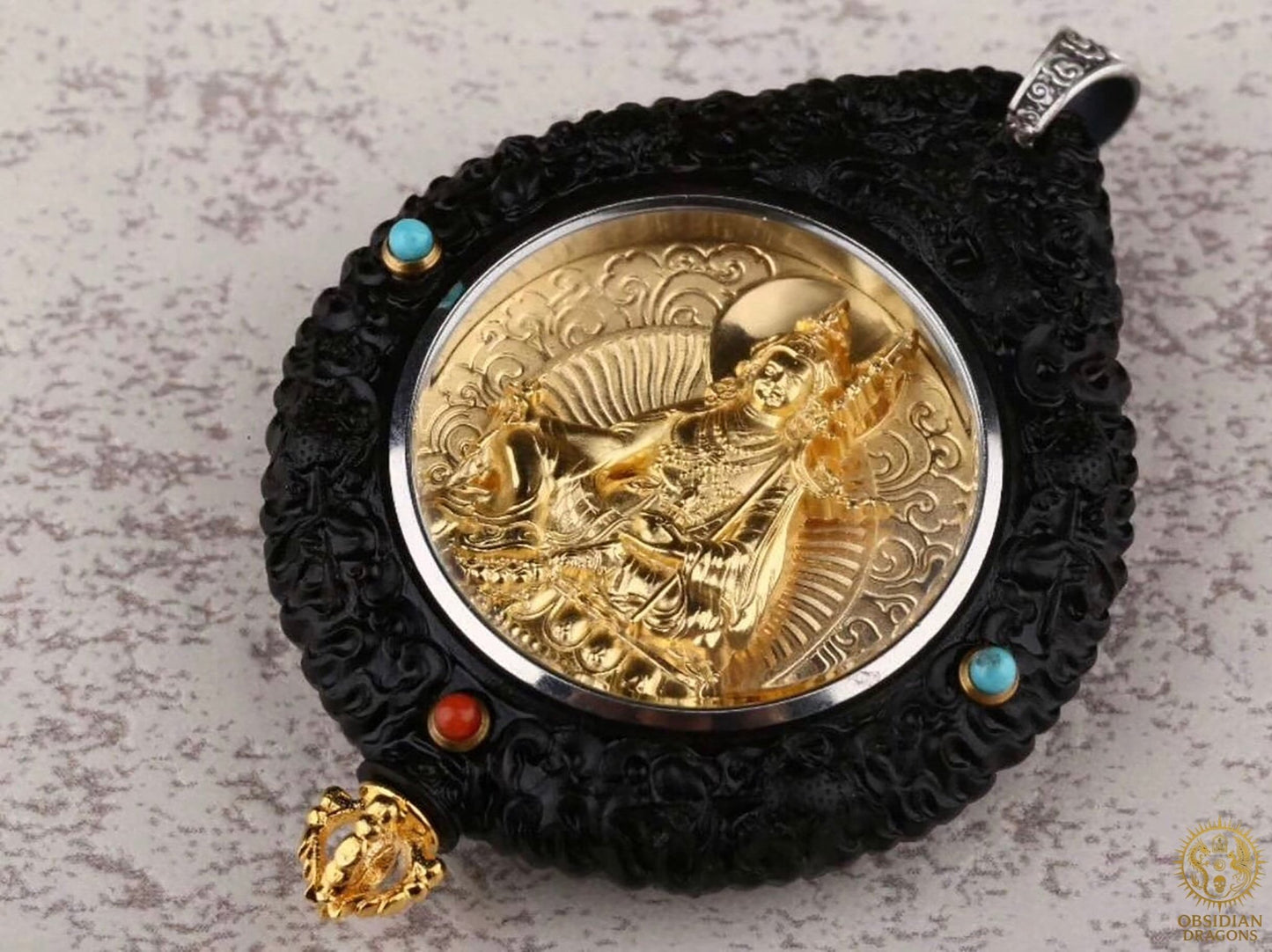 Amulette Bouddhiste -Guru Rinpoche - Ébène Or & Turquoise | obsidian dragons