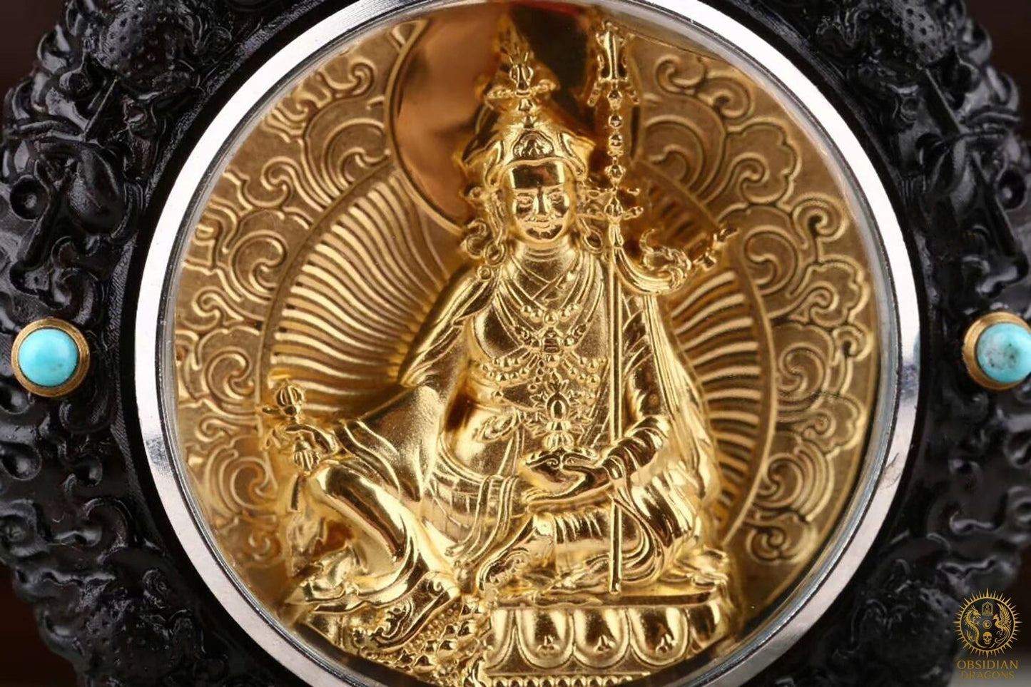 Amulette Bouddhiste -Guru Rinpoche - Ébène Or & Turquoise | obsidian dragons