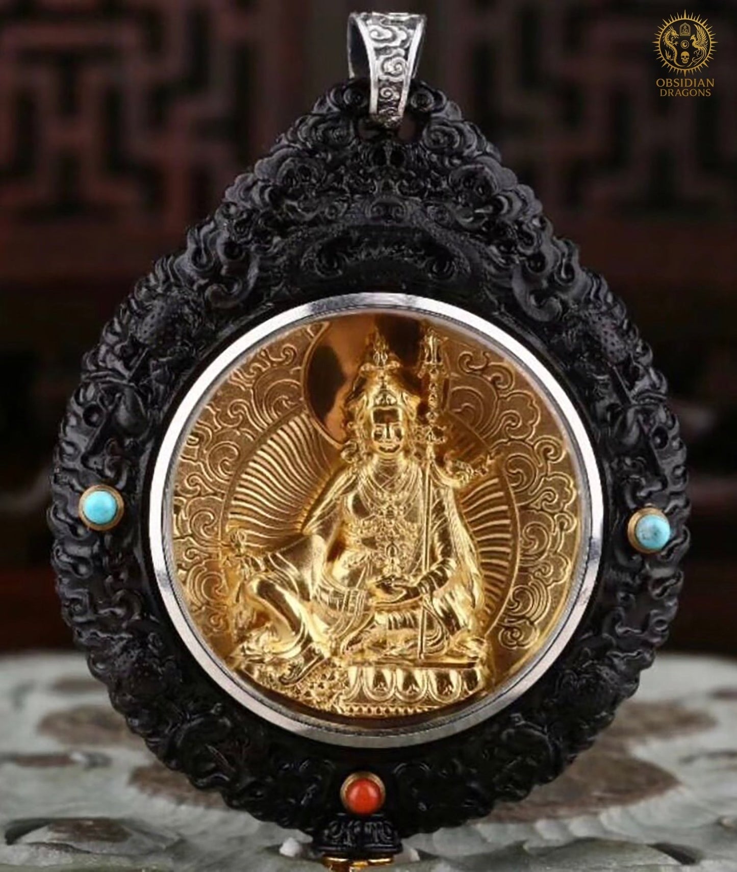 Amulette Bouddhiste -Guru Rinpoche - Ébène Or & Turquoise | obsidian dragons