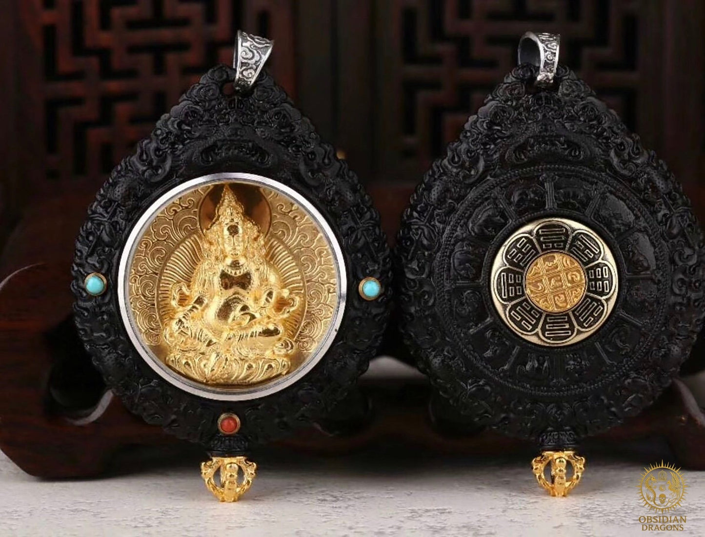 Amulette Bouddhiste - Jambhala - Ébène Or & Turquoise | obsidian dragons