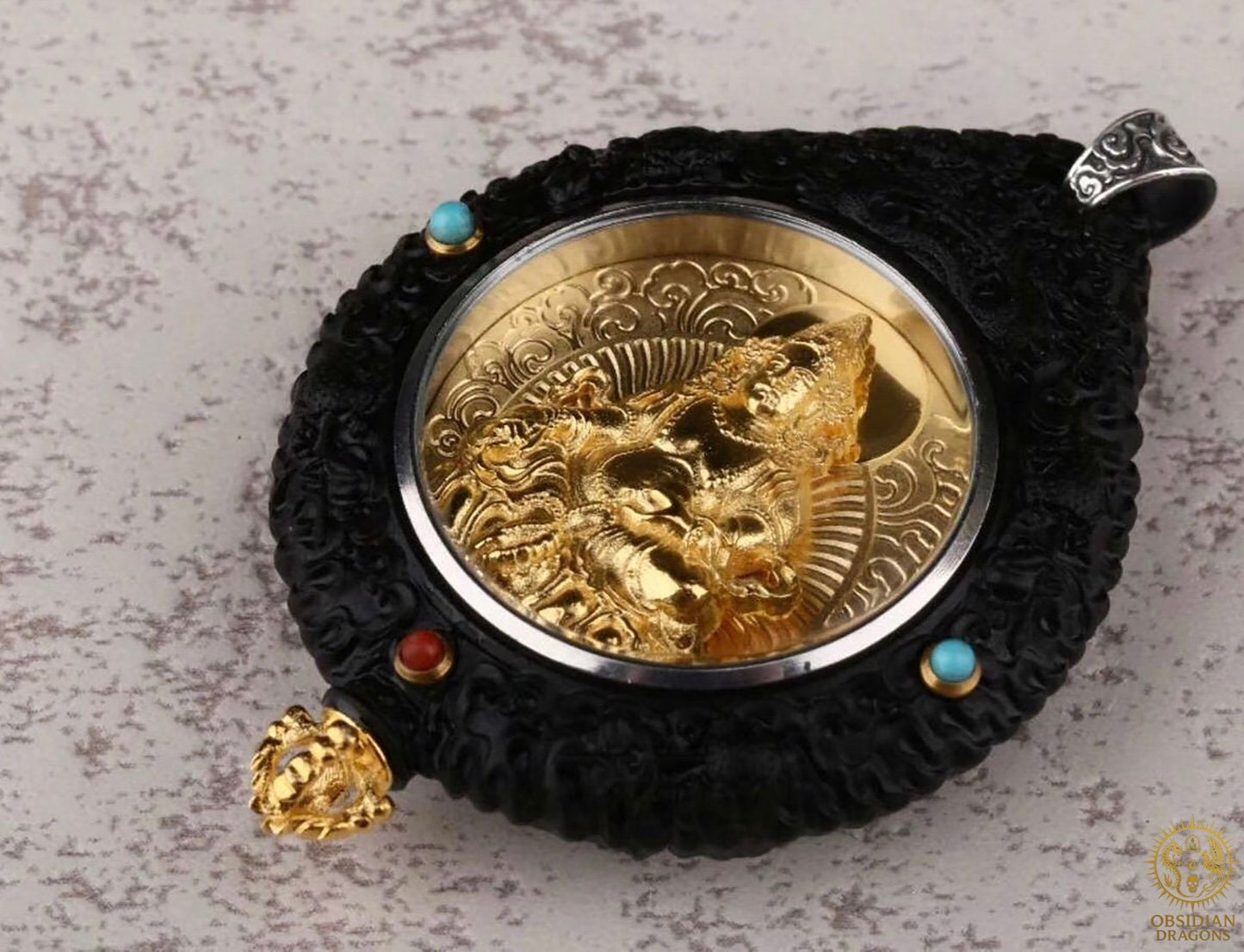 Amulette Bouddhiste - Jambhala - Ébène Or & Turquoise | obsidian dragons