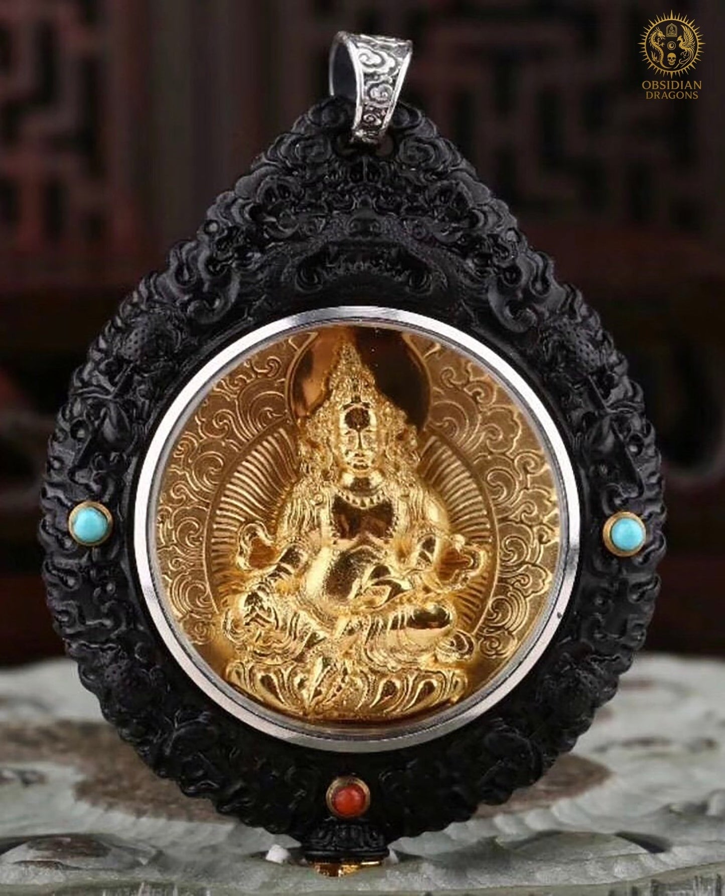 Amulette Bouddhiste - Jambhala - Ébène Or & Turquoise | obsidian dragons