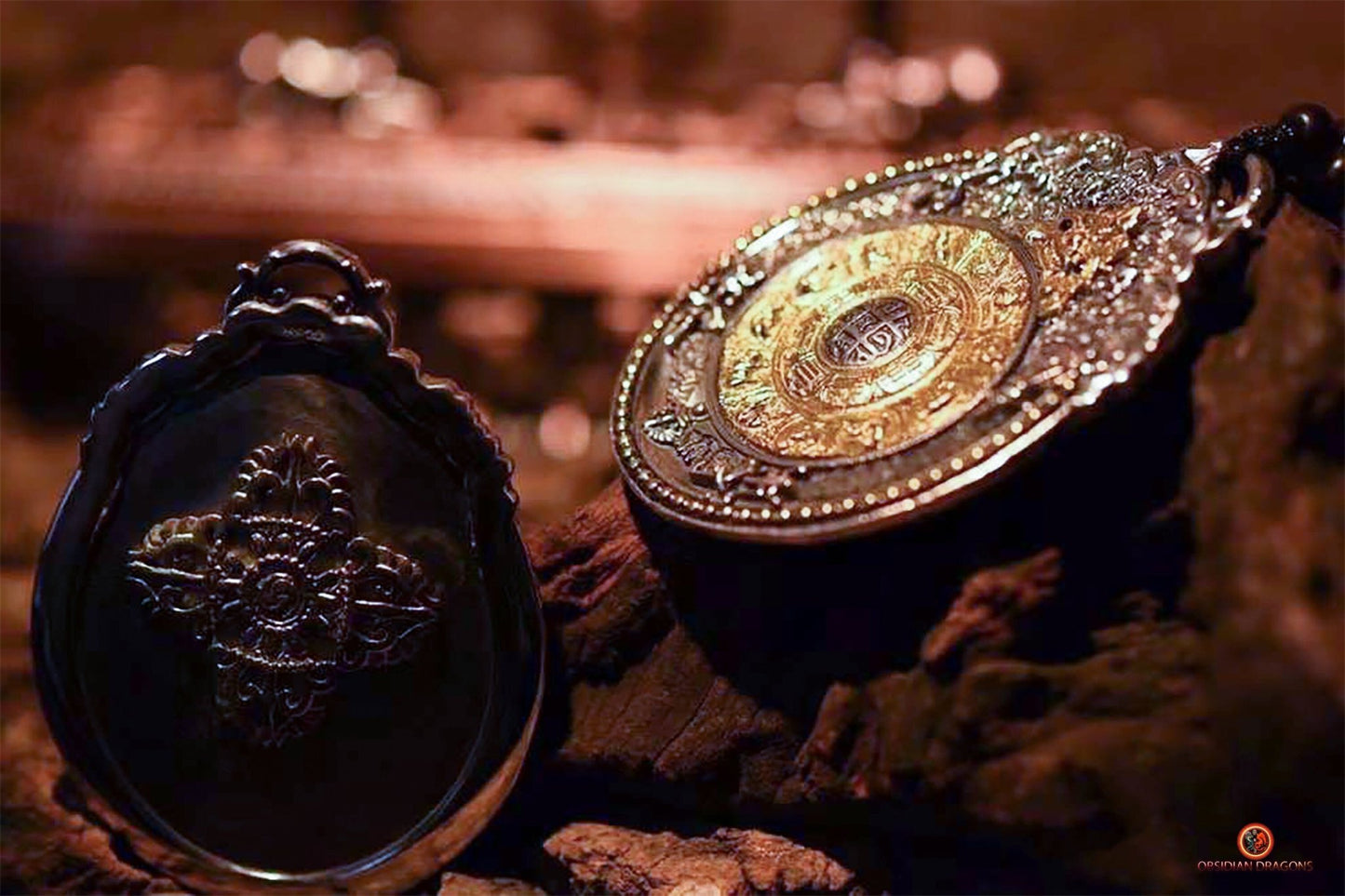 Amulette de protection Feng Shui du Bagua Luo Pan - Double dorjé | obsidian dragons