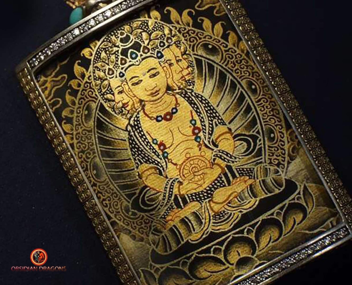 Amulette tibétaine Vairocana- Tangka- Or noir et diamant | obsidian dragons
