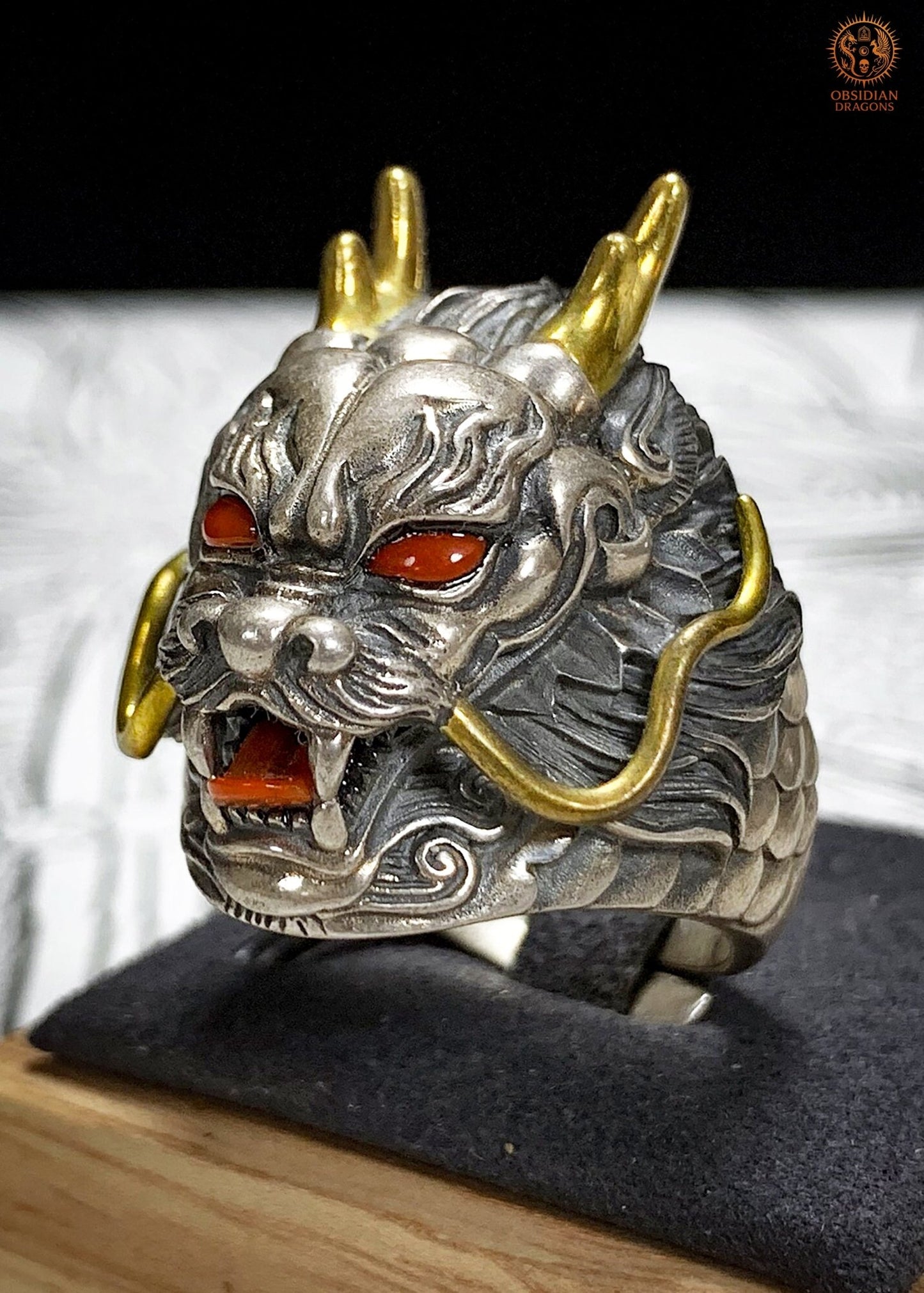 Bague Dragon - Argent 925 & Agate - talisman Feng Shui | obsidian dragons