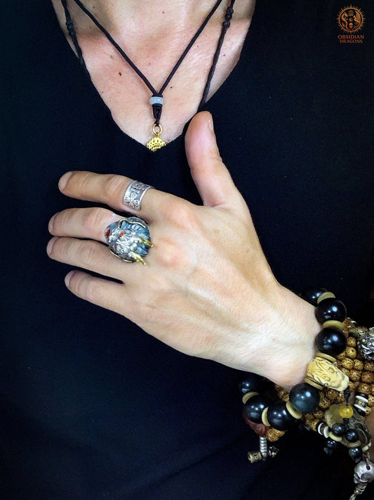 Bague Dragon - Argent 925 & Agate - talisman Feng Shui | obsidian dragons