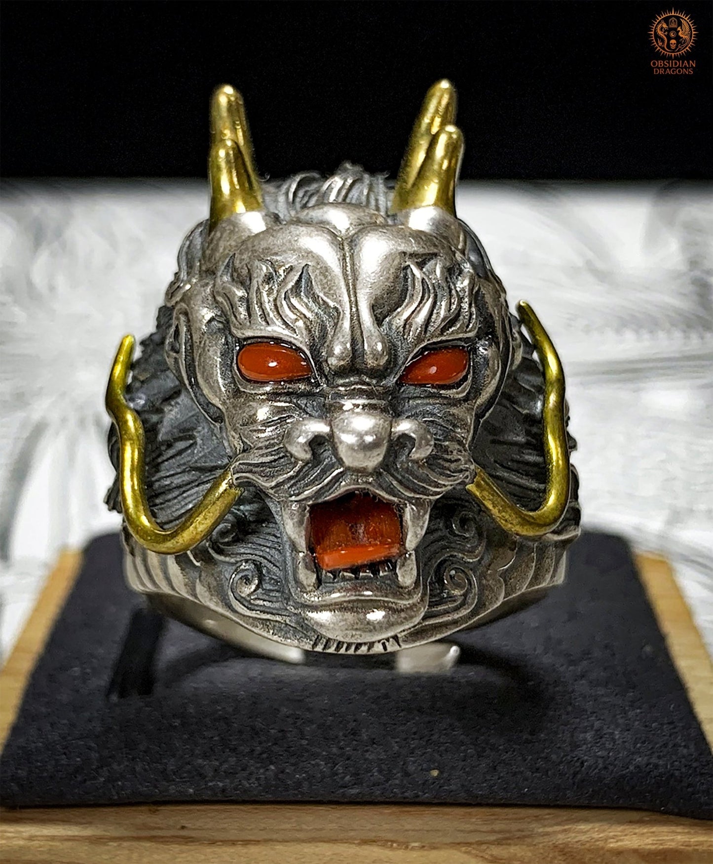 Bague Dragon - Argent 925 & Agate - talisman Feng Shui | obsidian dragons