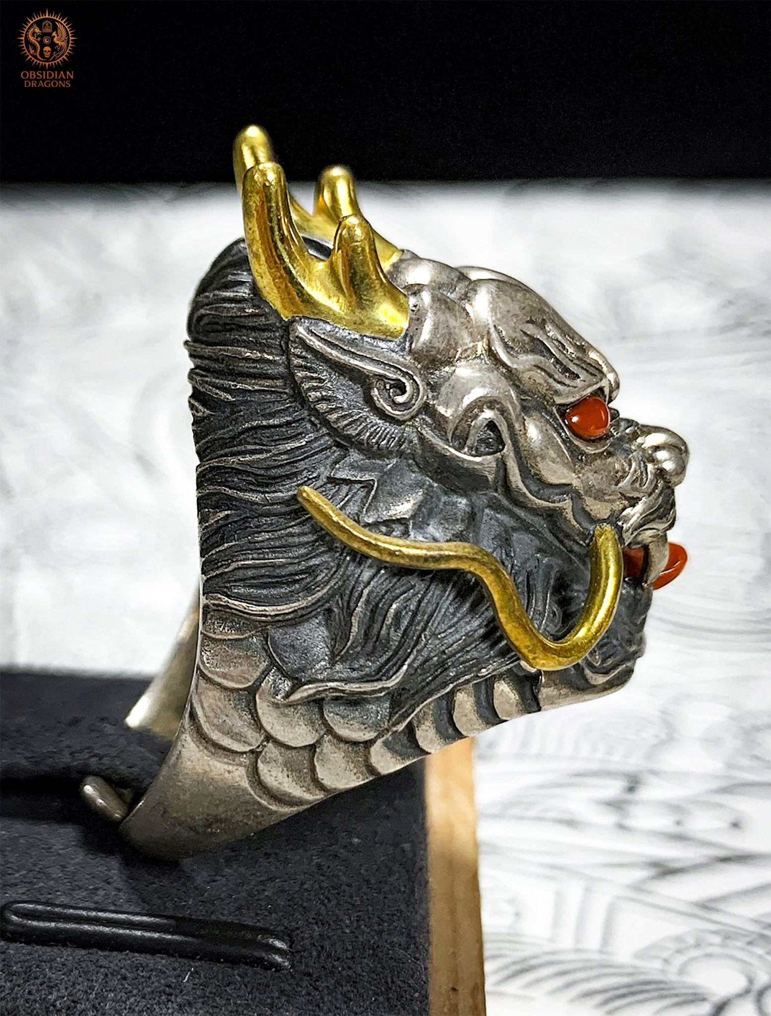Bague Dragon - Argent 925 & Agate - talisman Feng Shui | obsidian dragons