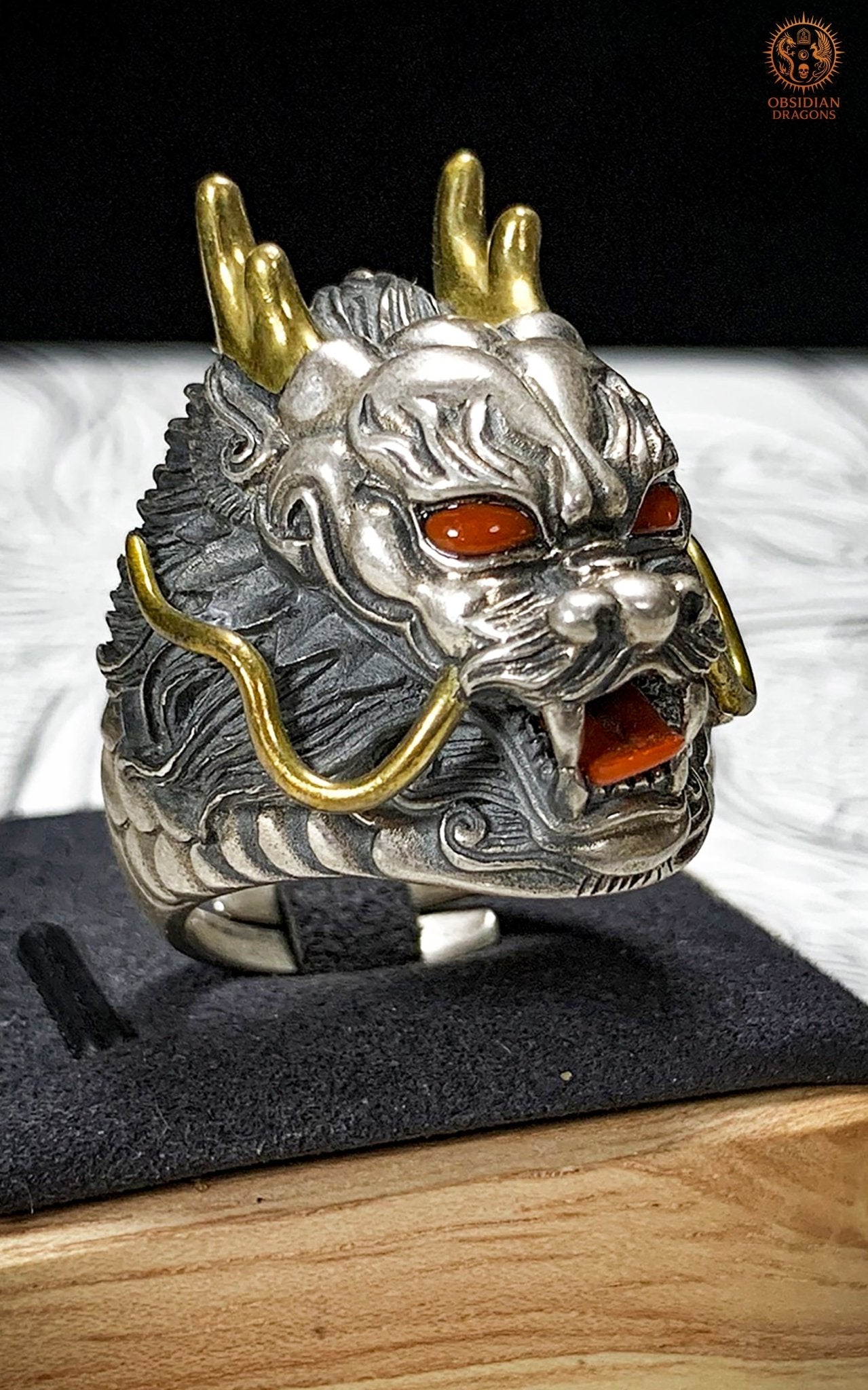 Bague Dragon - Argent 925 & Agate - talisman Feng Shui | obsidian dragons