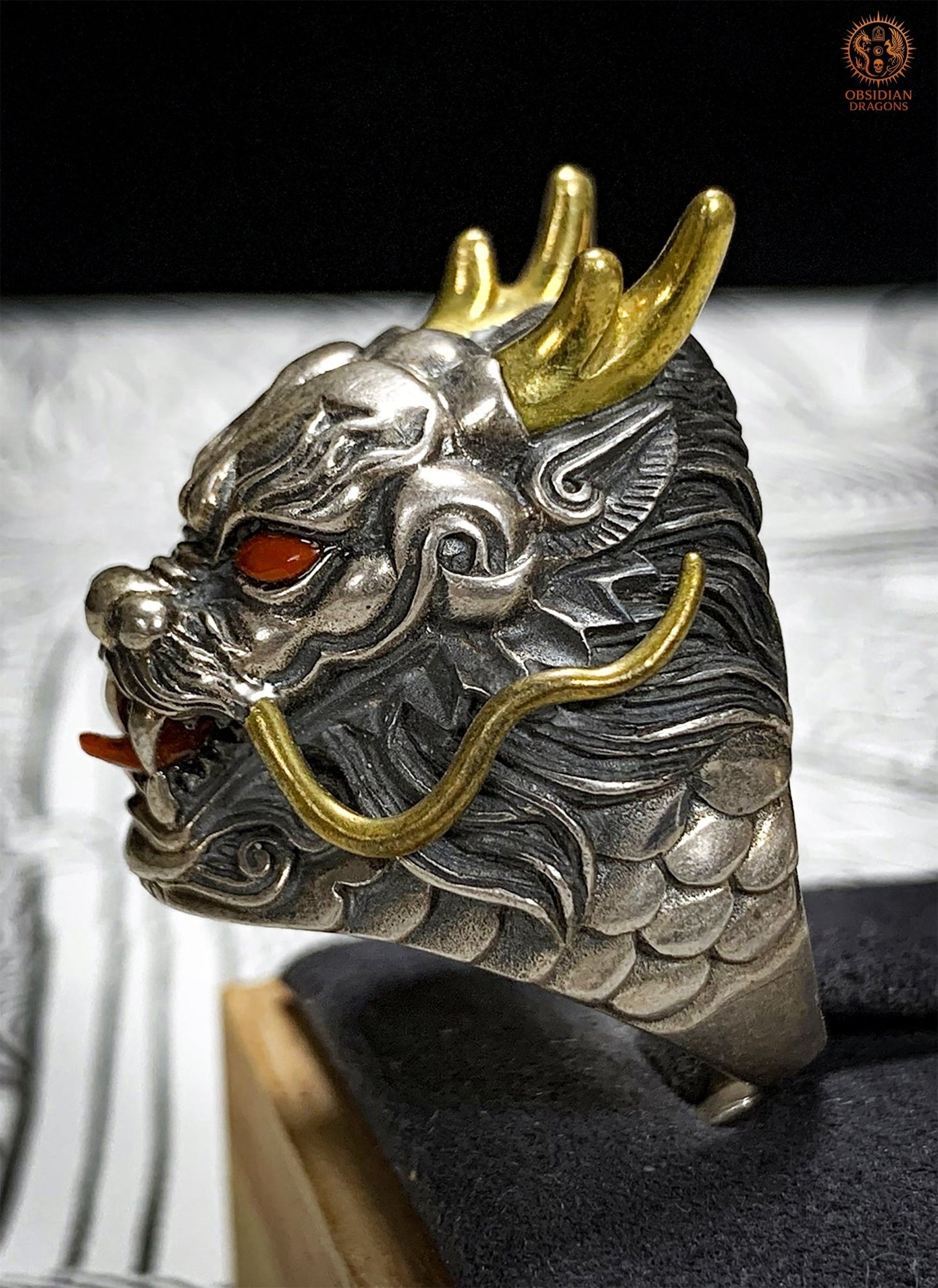 Bague Dragon - Argent 925 & Agate - talisman Feng Shui | obsidian dragons