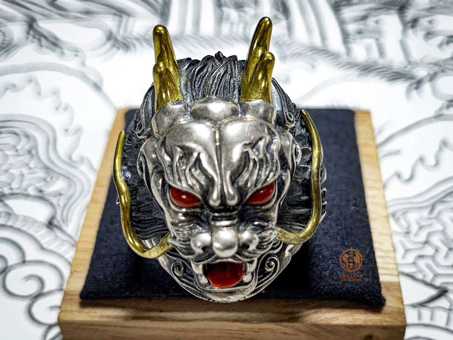 Bague Dragon - Argent 925 & Agate - talisman Feng Shui | obsidian dragons