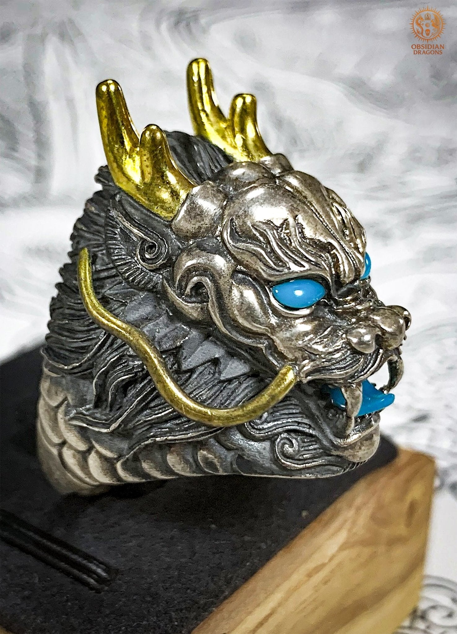 Bague Dragon - Argent 925 & turquoises - talisman Feng Shui | obsidian dragons