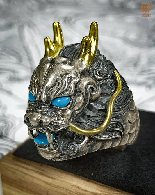 Bague Dragon - Argent 925 & turquoises - talisman Feng Shui | obsidian dragons