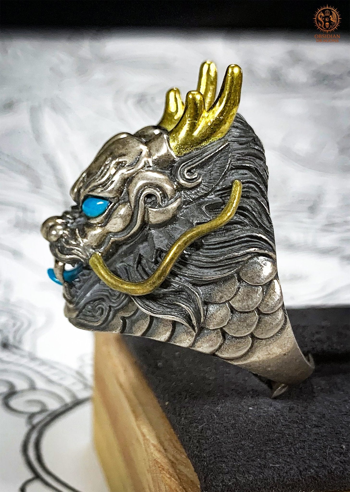 Bague Dragon - Argent 925 & turquoises - talisman Feng Shui | obsidian dragons
