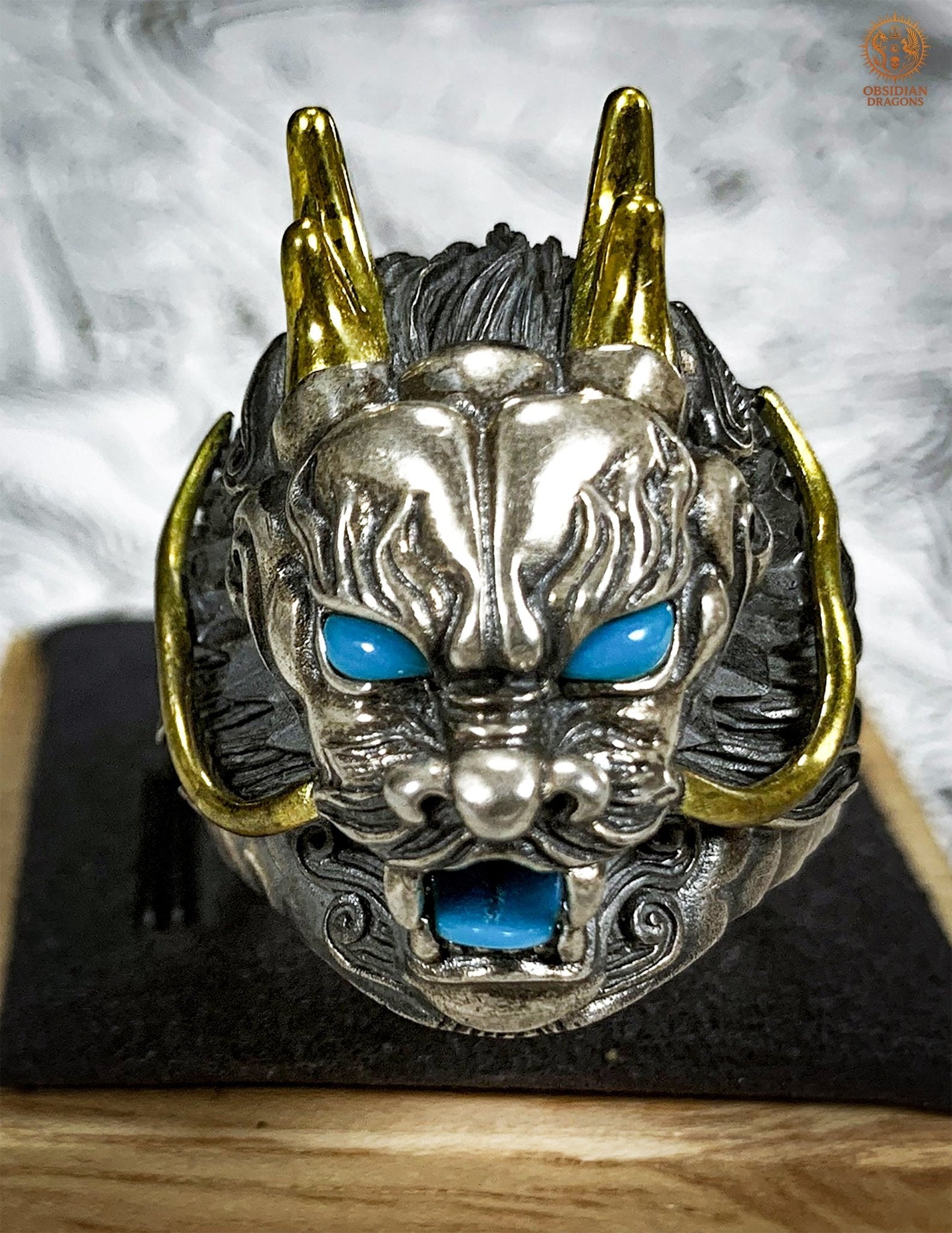 Bague Dragon - Argent 925 & turquoises - talisman Feng Shui | obsidian dragons
