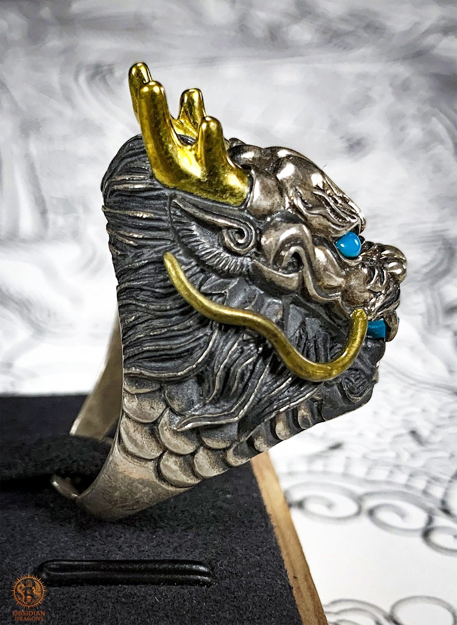 Bague Dragon - Argent 925 & turquoises - talisman Feng Shui | obsidian dragons
