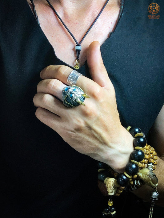 Bague Dragon - Argent 925 & turquoises - talisman Feng Shui | obsidian dragons
