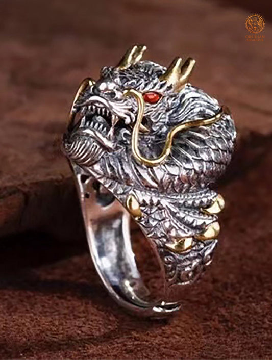 Bague Dragon Argent: Force & Sagesse | obsidian dragons