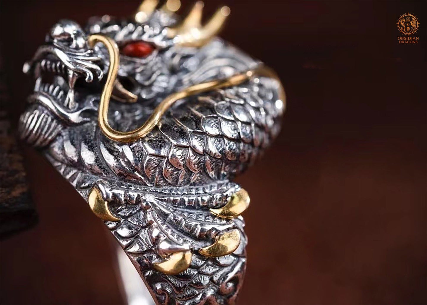 Bague Dragon Argent: Force & Sagesse | obsidian dragons