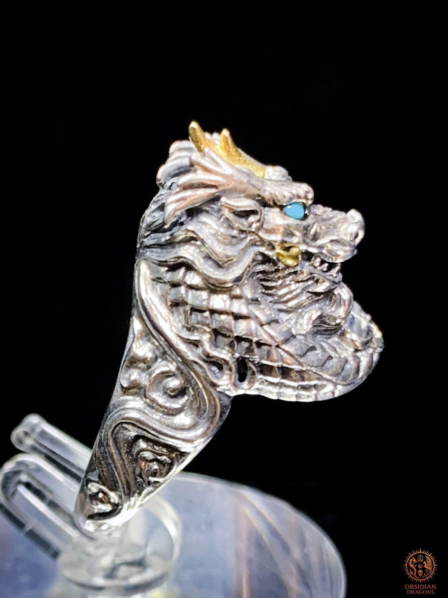 Bague Dragon - Chaofeng - argent 925 - Protection Feng Shui - obsidian dragons