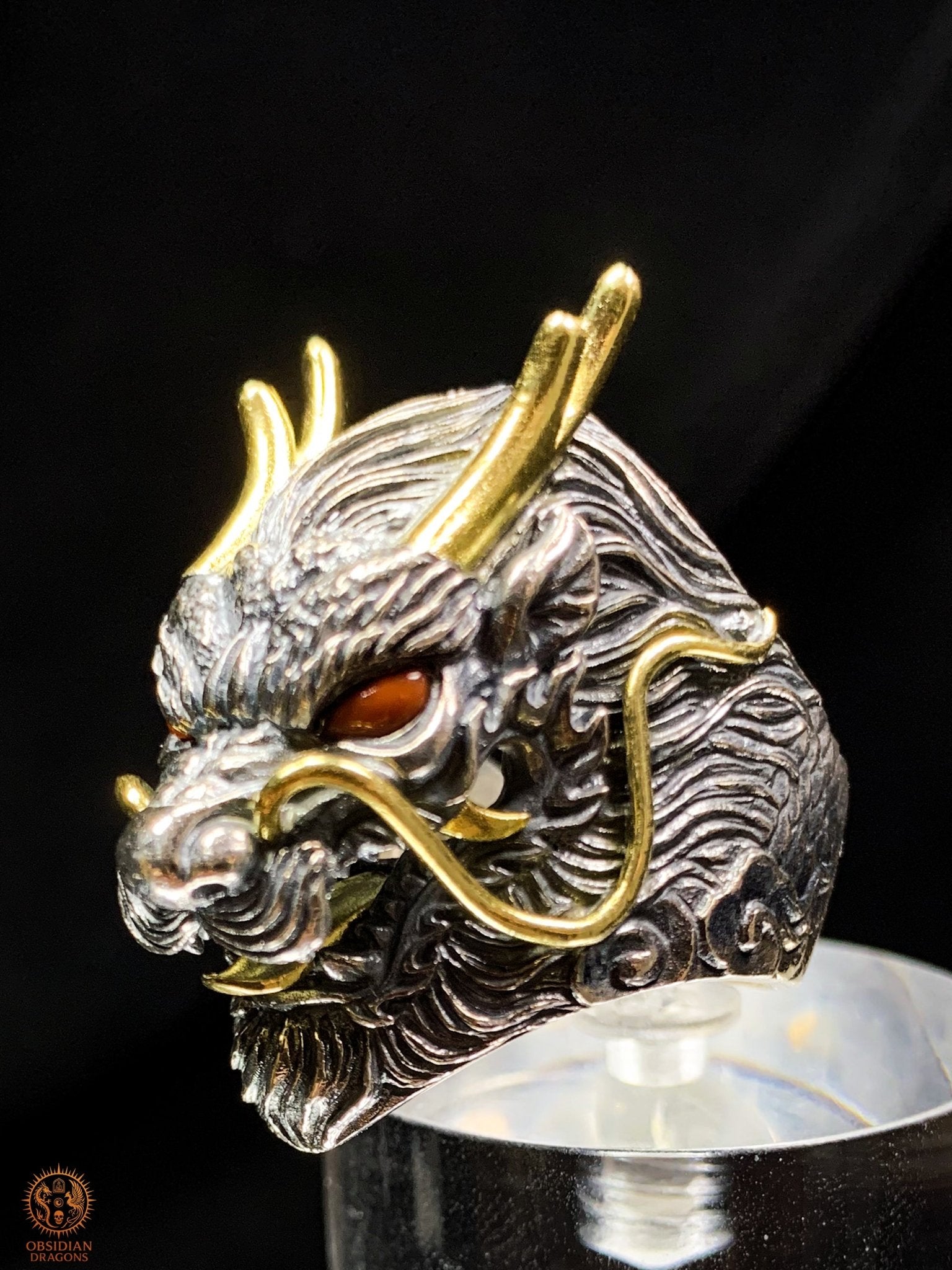 Bague Dragon Chinois – Argent 925 et Agates – Feng Shui | obsidian dragons