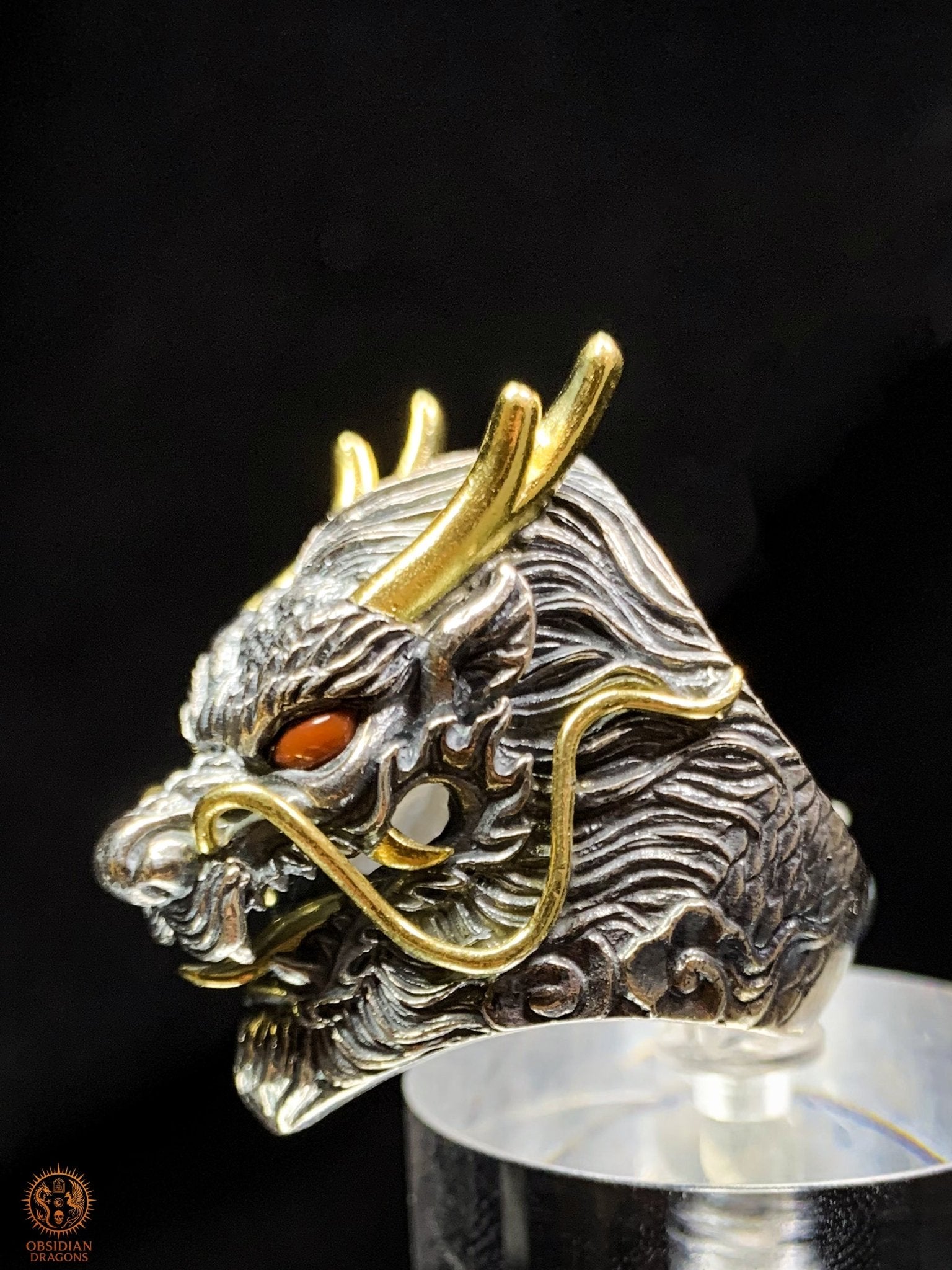 Bague Dragon Chinois – Argent 925 et Agates – Feng Shui | obsidian dragons