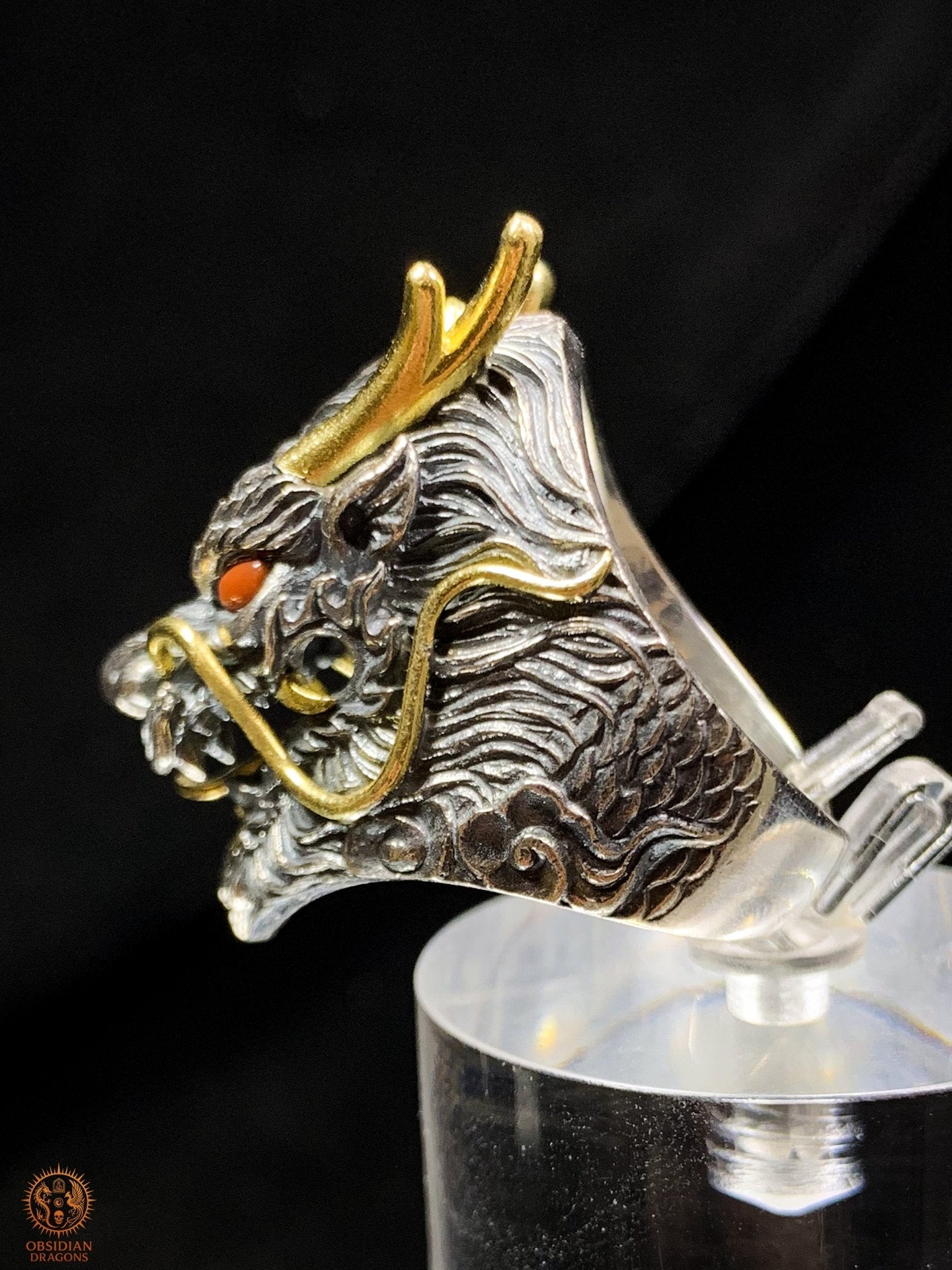 Bague Dragon Chinois – Argent 925 et Agates – Feng Shui | obsidian dragons