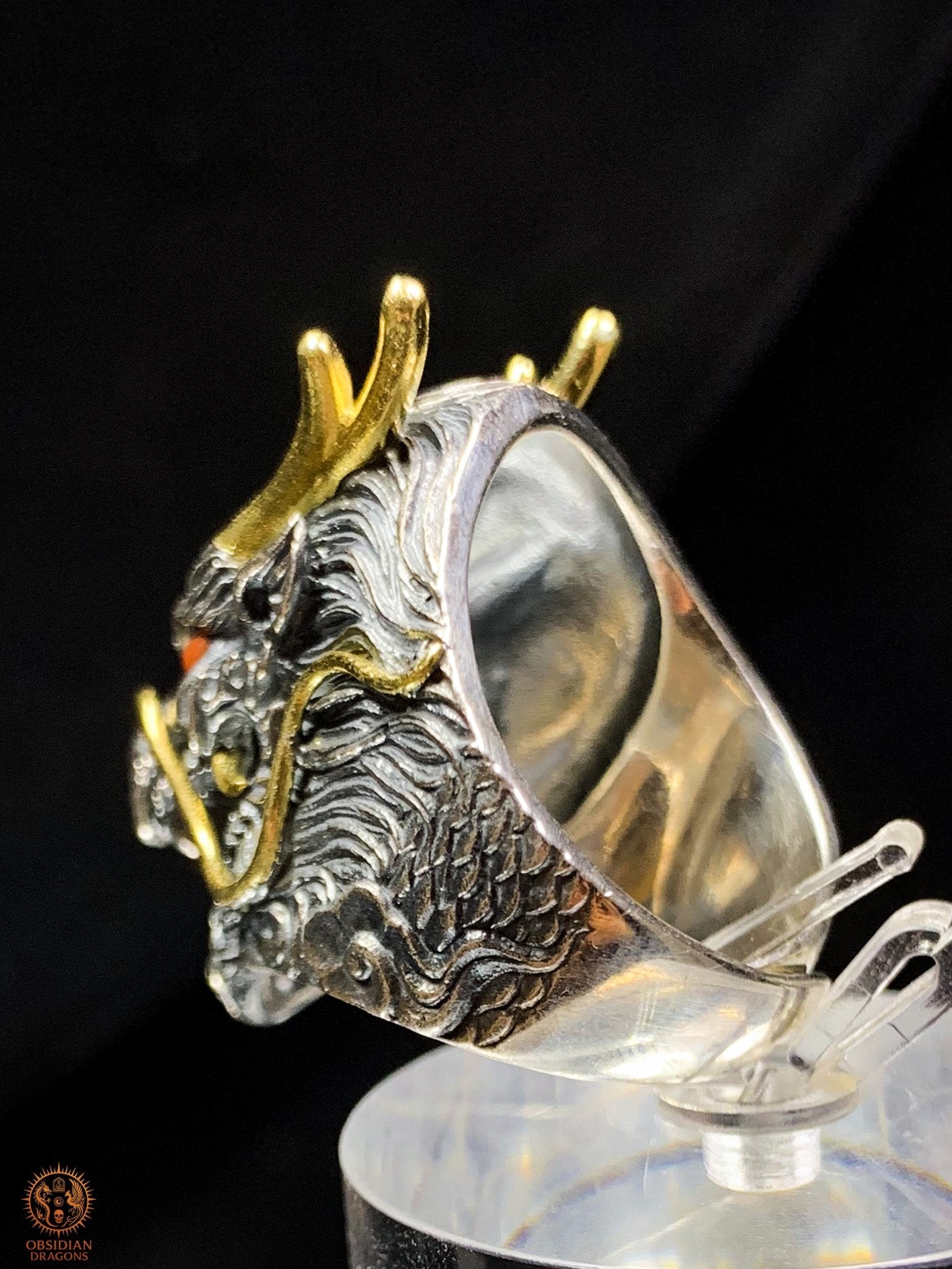 Bague Dragon Chinois – Argent 925 et Agates – Feng Shui | obsidian dragons
