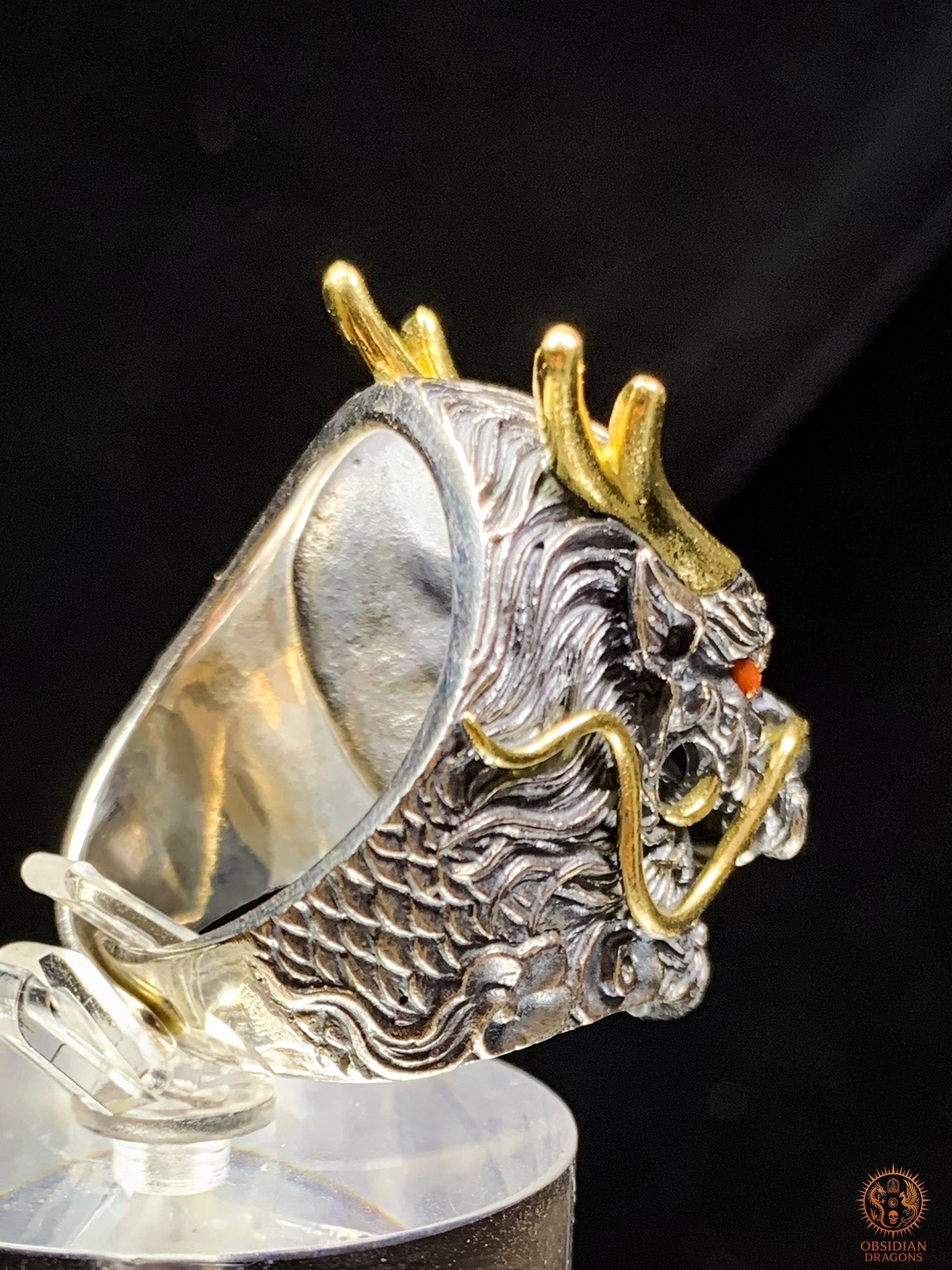 Bague Dragon Chinois – Argent 925 et Agates – Feng Shui | obsidian dragons