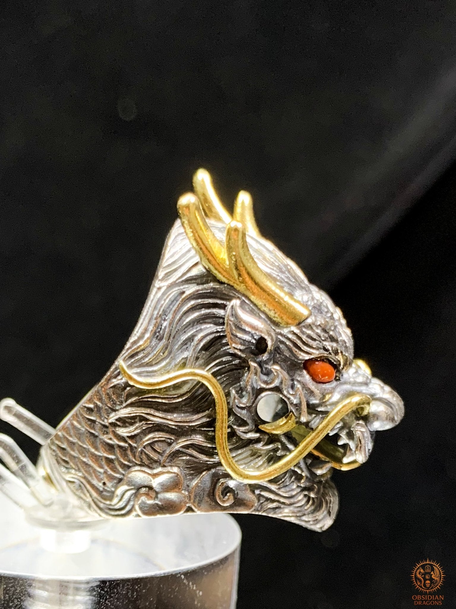 Bague Dragon Chinois – Argent 925 et Agates – Feng Shui - obsidian dragons