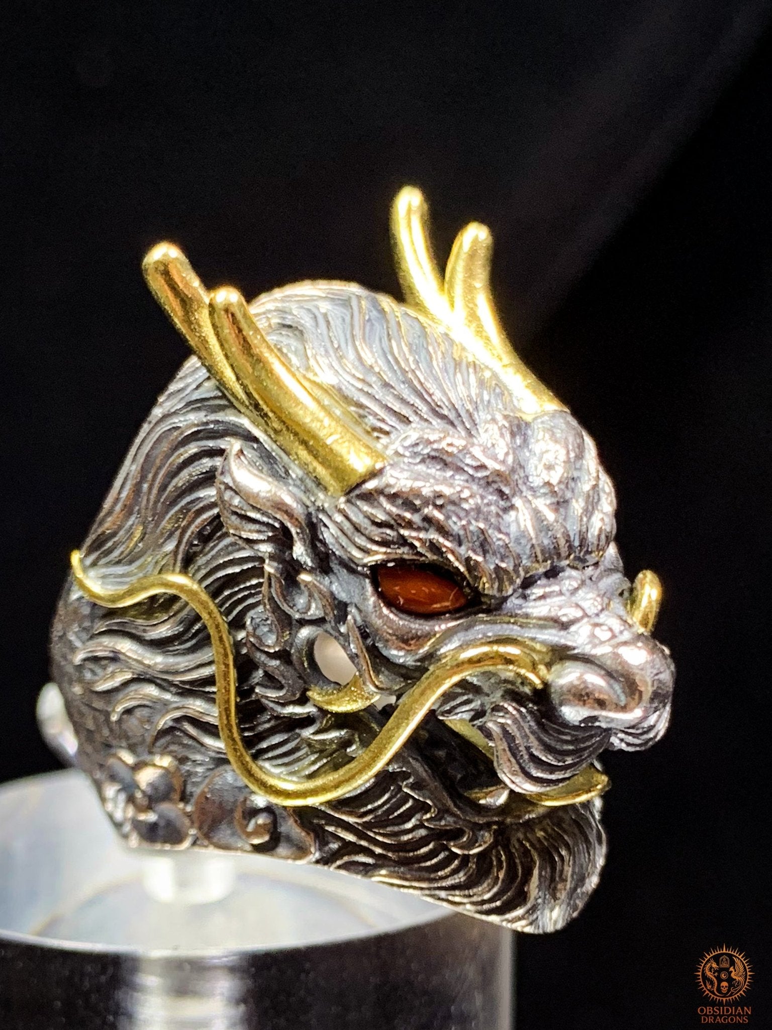 Bague Dragon Chinois – Argent 925 et Agates – Feng Shui | obsidian dragons