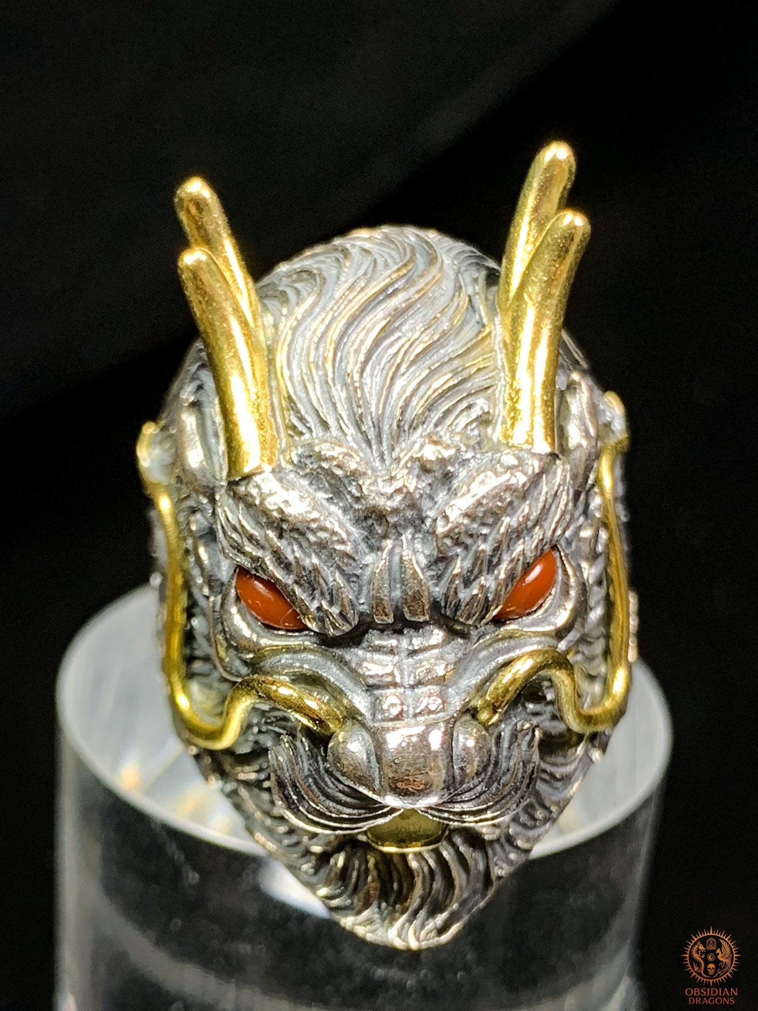 Bague Dragon Chinois – Argent 925 et Agates – Feng Shui - obsidian dragons