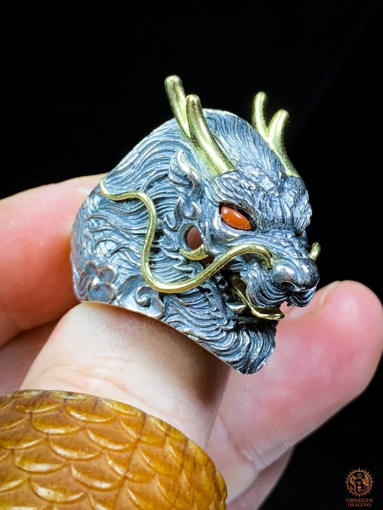 Bague Dragon Chinois – Argent 925 et Agates – Feng Shui | obsidian dragons