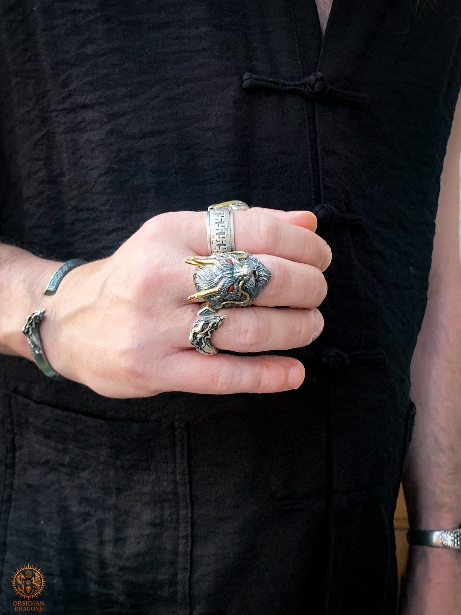 Bague Dragon Chinois – Argent 925 et Agates – Feng Shui | obsidian dragons