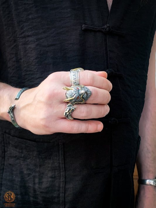 Bague Dragon Chinois – Argent 925 et Agates – Feng Shui | obsidian dragons