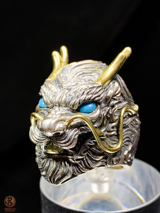Bague Dragon Chinois – Argent 925 et Turquoises - feng shui | obsidian dragons