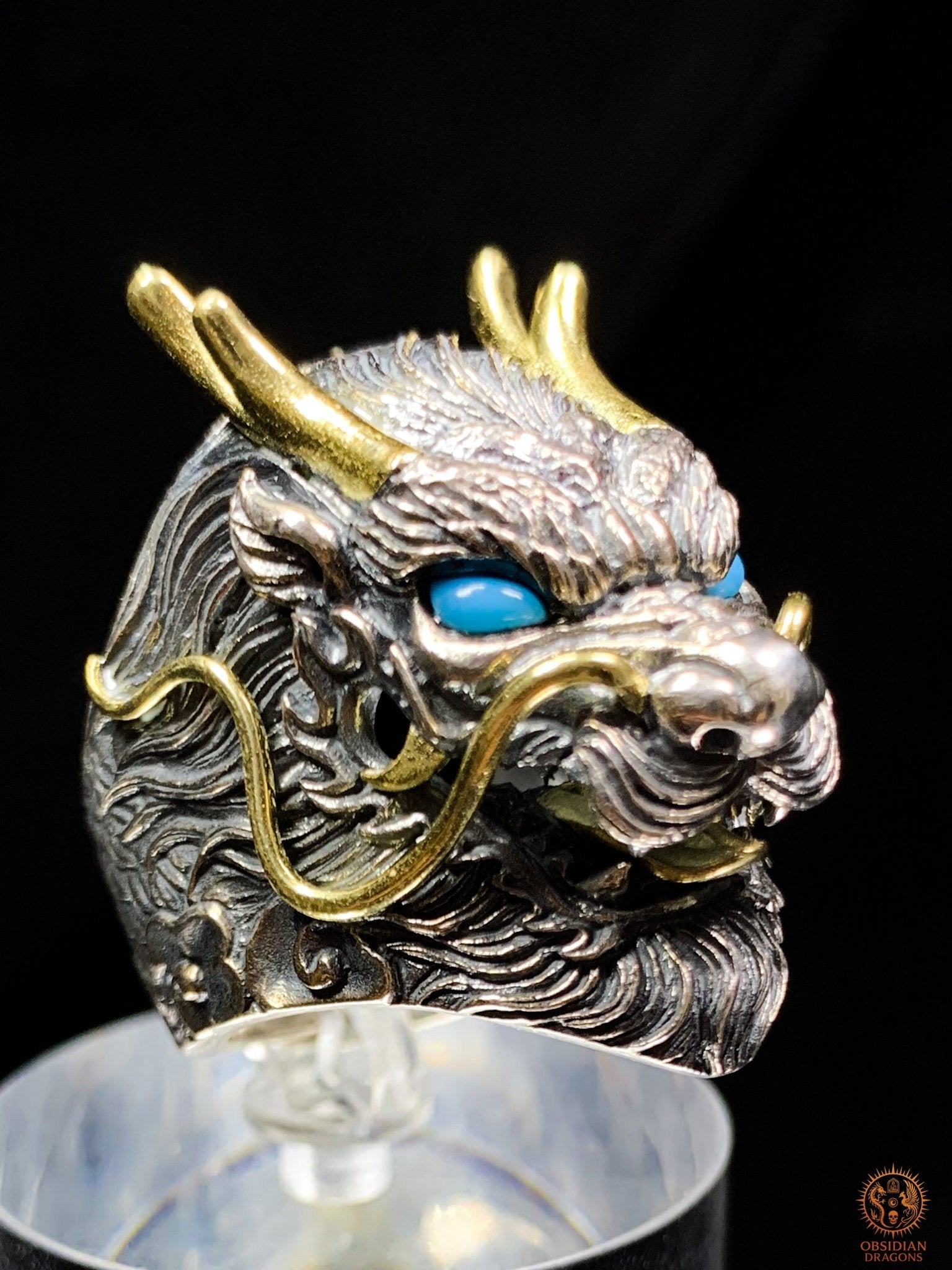 Bague Dragon Chinois – Argent 925 et Turquoises - feng shui | obsidian dragons